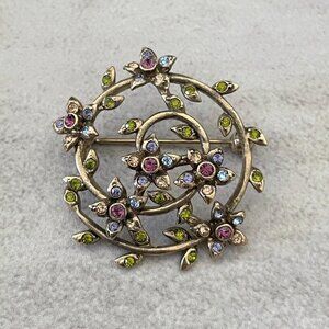 Vintage Signed Monet Floral Multicolor Crystal Swirl Gold Tone Pin Brooch 1.5"